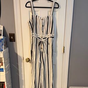 Loft Striped Button-Front Jumpsuit with Tie Belt - Black & White Size 10
